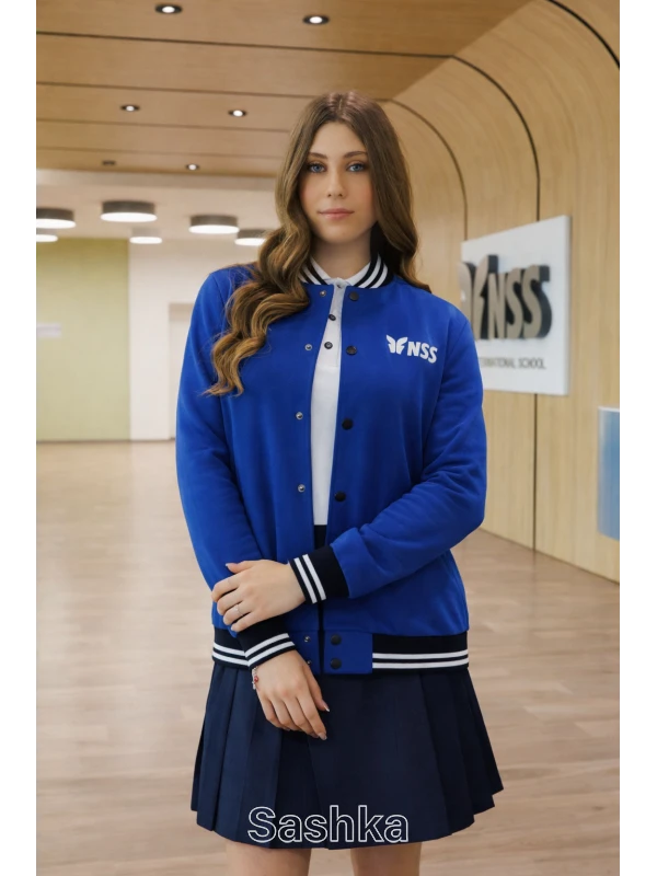 Бомбер для дівчинки синій електрик з логотипом школи NSS, розмір 152-188